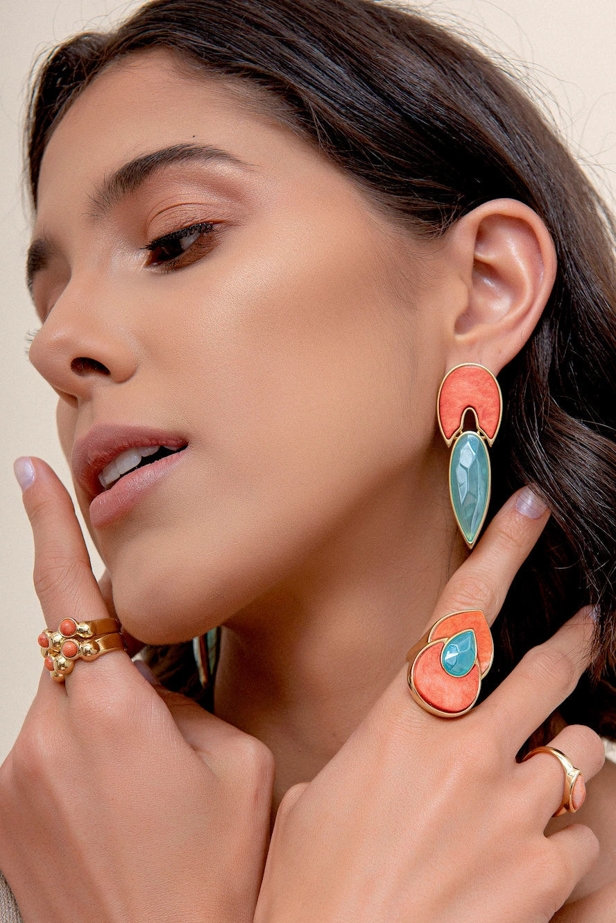 Anel Flor de Lótus - Feldspato Laranja e Ágata Azul Céu lateral — Ouro 18K | Aimer Joias