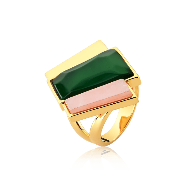 Anel Cascata - Ágata Verde e Quartzo Rosa — Ouro 18K | Aimer Joias | semijoia feminina pedra natural