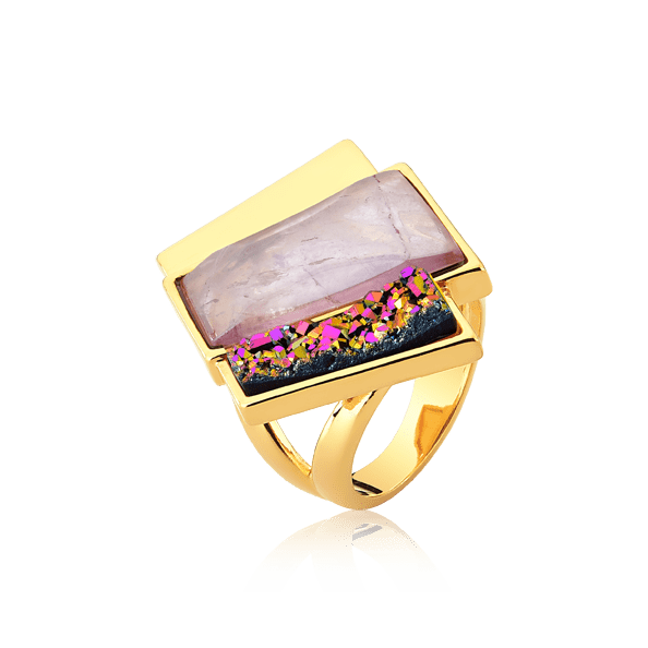 Anel Cascata - Ametista e Drusa Multicolorida — Ouro 18K | Aimer Joias | semijoia feminina pedra natural