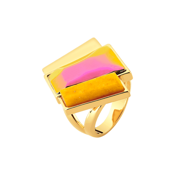 Anel Cascata - Cristal Multicolorido e Feldspato Amarelo — Ouro 18K | Aimer Joias | semijoia feminina pedra natural
