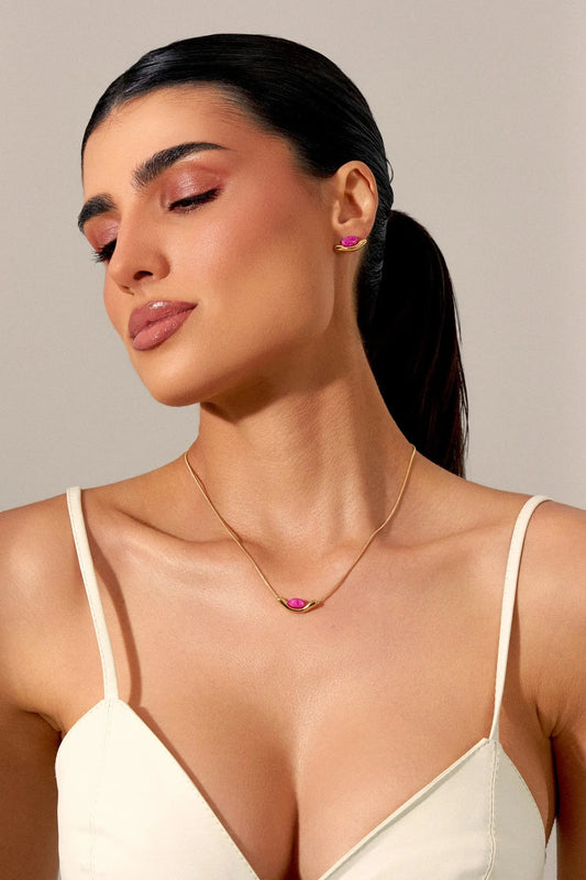 Colar Sentir - Feldspato Rosa Pink Banho de Ouro 18K
