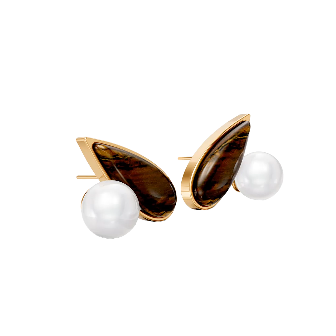 Brinco União com Olho de Tigre banhado a ouro 18k – brinco semijoia feminina com pedra natural – Coleção Formas de Amar Aimer Joias