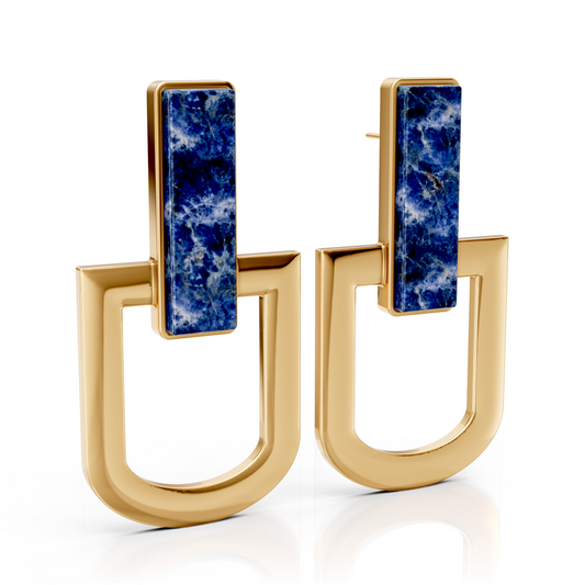 Brinco Elos com Sodalita Azul banhado a ouro 18k – semijoia com pedra natural feminina – Coleção Elos Aimer Joias