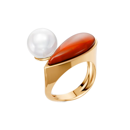 Anel União com Ágata Vermelha banhado a ouro 18k – anel semijoia autoral com pedra natural – Coleção Formas de Amar Aimer Joias