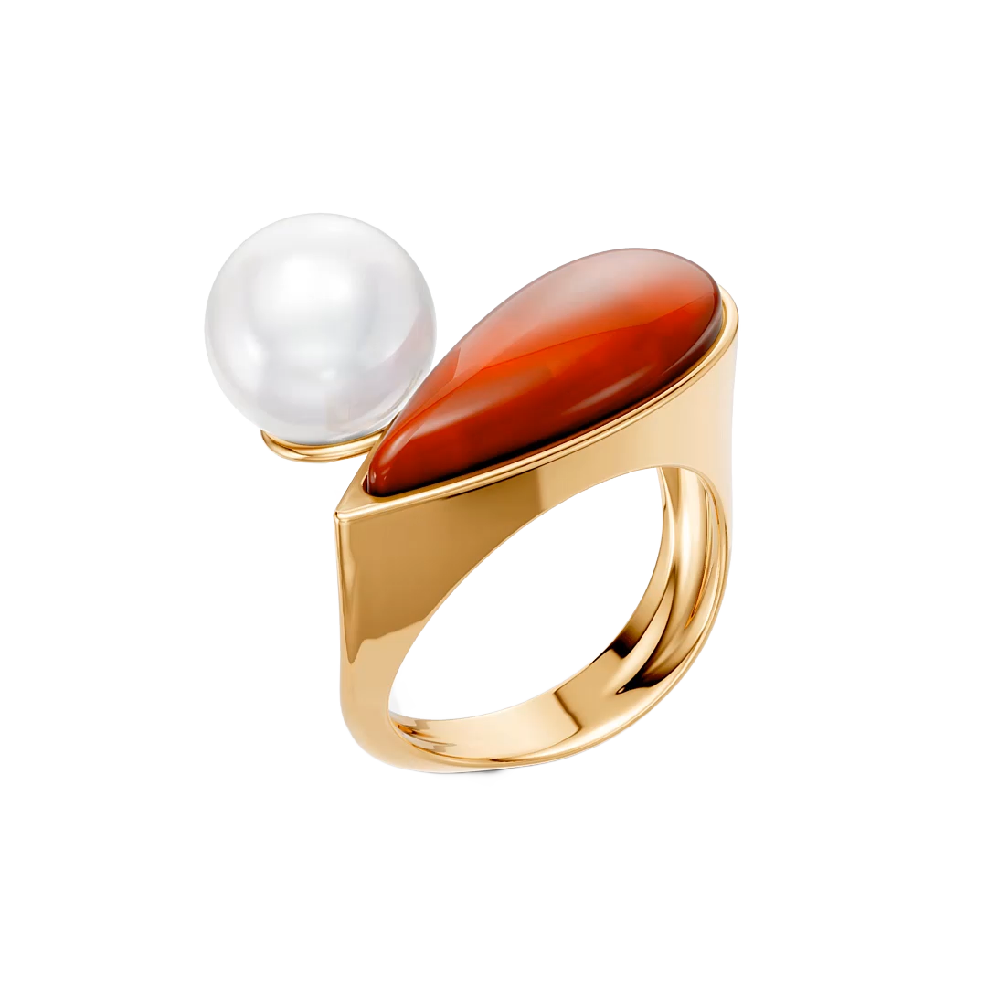Anel União com Ágata Vermelha banhado a ouro 18k – anel semijoia autoral com pedra natural – Coleção Formas de Amar Aimer Joias