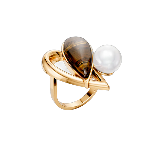Anel Envolver com Olho de Tigre e Pérola banhado a ouro 18k – anel semijoia feminina com pedra natural – Coleção Formas de Amar Aimer Joias