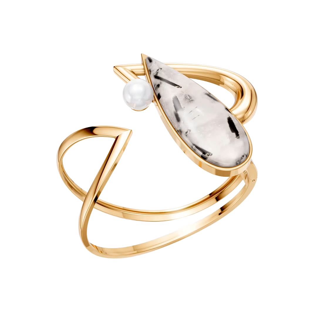 Bracelete Além da Forma com Cristal Rutilado banhado a ouro 18k – semijoia feminina autoral – Coleção Formas de Amar Aimer Joias