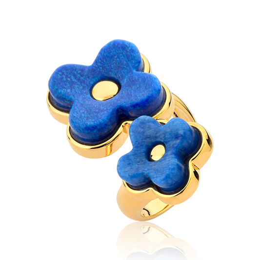 Anel Sensação com Feldspato Azul Anil, semijoia banhada a ouro 18k — Aimer Joias