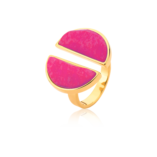 Anel Arco com Feldspato Rosa Pink, semijoia banhada a ouro 18k — Aimer Joias