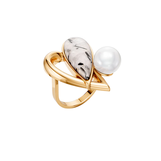 Anel Envolver com Cristal Rutilado e Pérola banhado a ouro 18k – anel semijoia autoral com pedra natural brasileira – Coleção Formas de Amar Aimer Joias