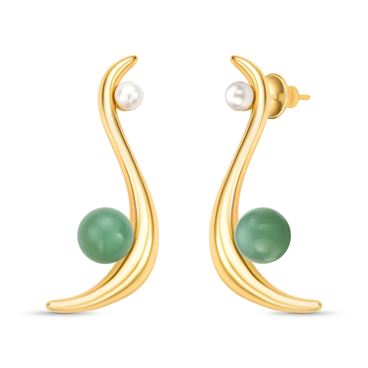 Brinco Gestos com Quartzo Verde e Pérola banhado a ouro 18k – semijoia artesanal feminina com pedra natural – Coleção Gestos Aimer Joias