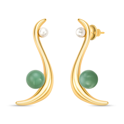 Brinco Gestos com Quartzo Verde e Pérola banhado a ouro 18k – semijoia artesanal feminina com pedra natural – Coleção Gestos Aimer Joias