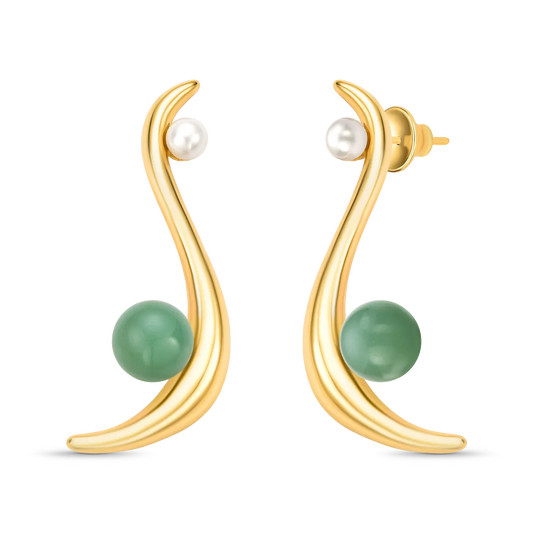 Brinco Gestos com Quartzo Verde e Pérola banhado a ouro 18k – semijoia artesanal feminina com pedra natural – Coleção Gestos Aimer Joias
