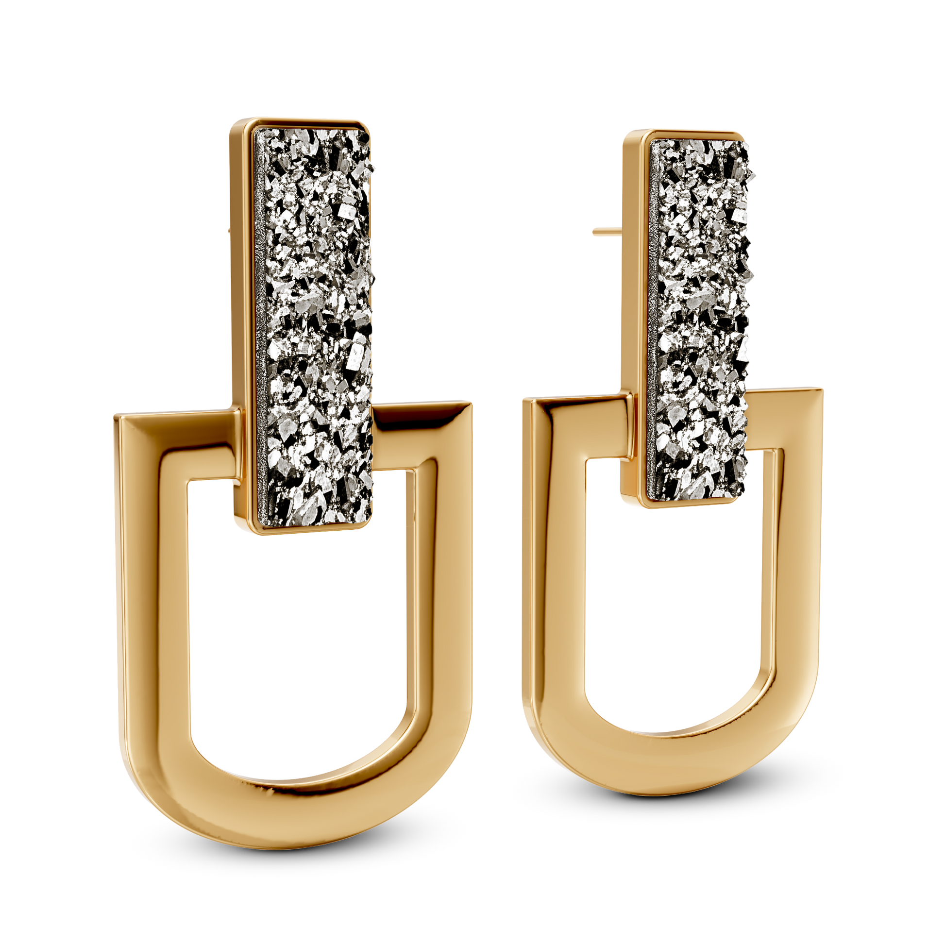 Brinco Elos com Drusa Metalizada banhado a ouro 18k – semijoia articulada feminina – Coleção Elos Aimer Joias