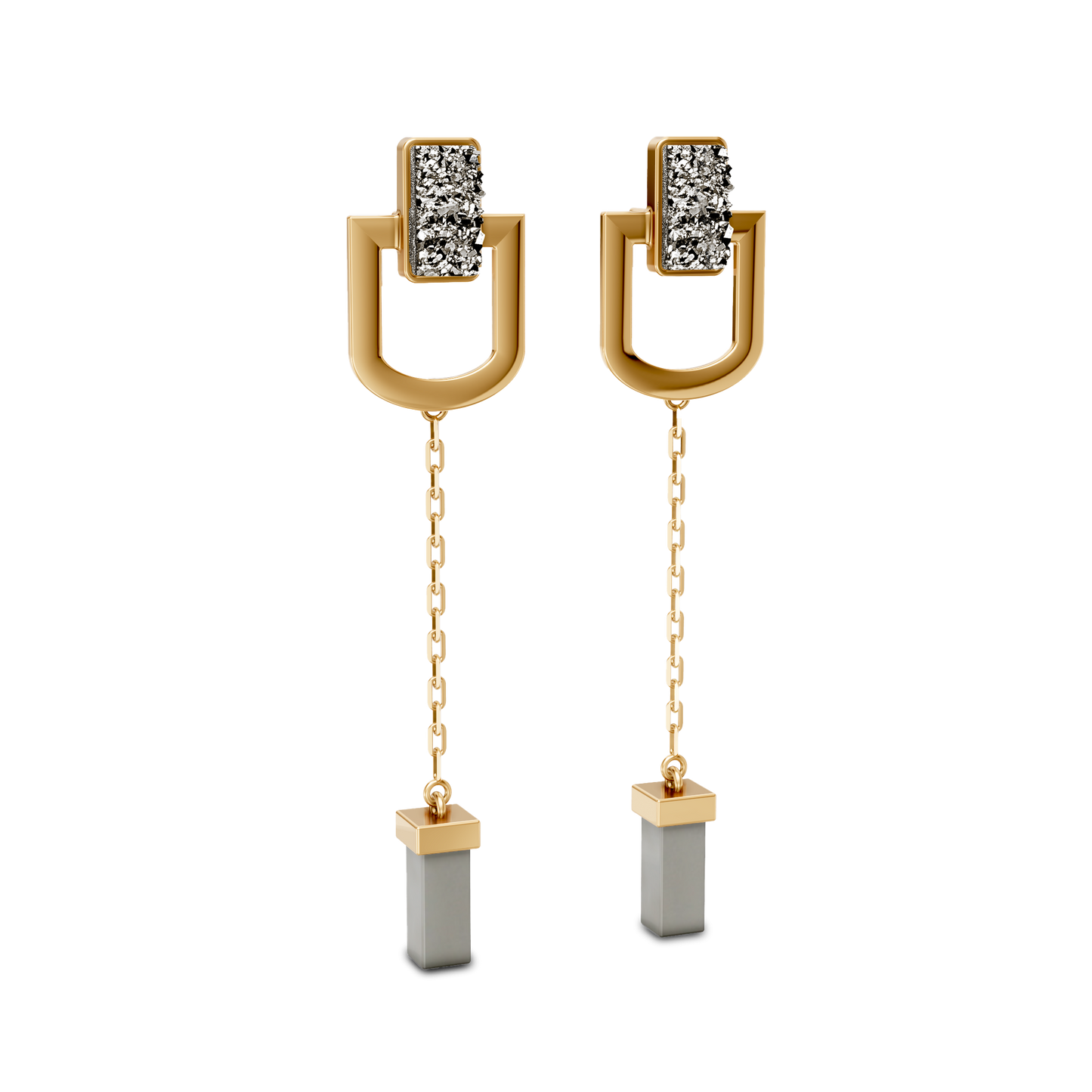 Brinco Presença com Drusa Metalizada banhado a ouro 18k – semijoia pendente feminina elegante – Coleção Elos Aimer Joias