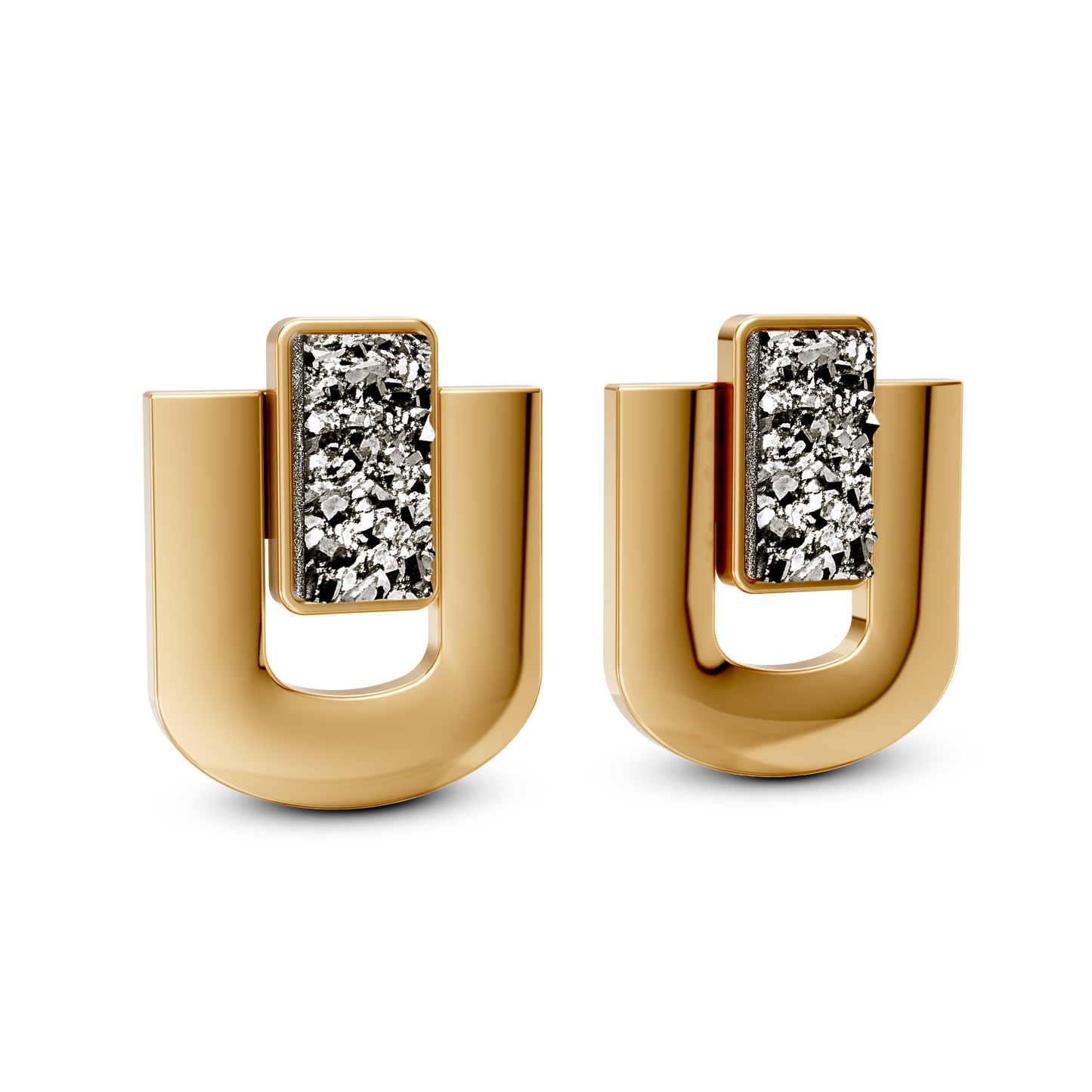 Brinco Estrutura com Drusa Metalizada banhado a ouro 18k – semijoia arquitetônica feminina – Coleção Elos Aimer Joias