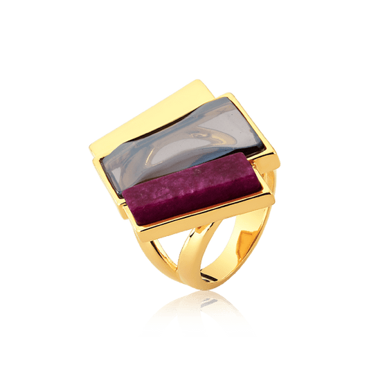 Anel Cascata - Quartzo Fumê e Feldspato Rosa Pink — Ouro 18K | Aimer Joias | semijoia feminina pedra natural