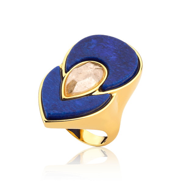 Anel Flor de Lótus - Feldspato Azul Anil e Citrino — Ouro 18K | Aimer Joias | semijoia feminina