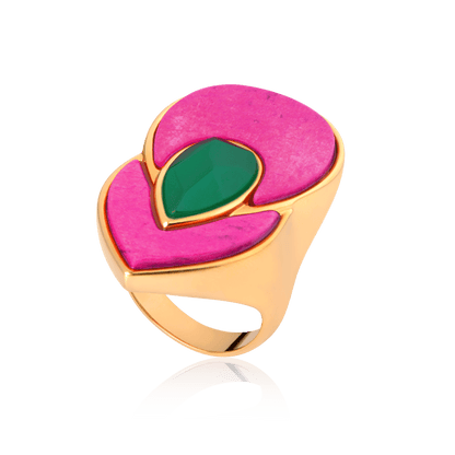 Anel Flor de Lótus - Ágata Verde e Feldspato Rosa Pink — Ouro 18K | Aimer Joias | semijoia feminina