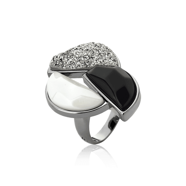 Anel Impacto - Obsidiana Negra/Porcelana/Drusa Platina Semijoias de luxo e design exclusivo