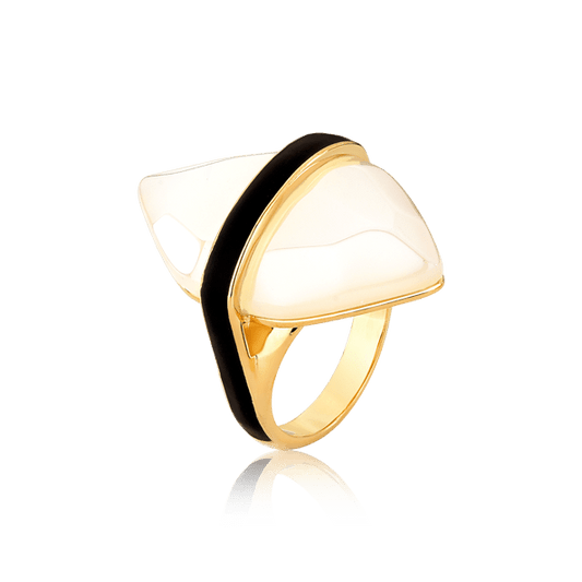 Anel Kahina com Ágata Branca e esmaltação preta em banho ouro 18k | Aimer Joias