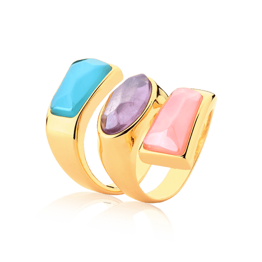 Anel Kalanchoe - Quartzo Rosa/Ametista/Ágata Azul Céu Semijoias de luxo e design exclusivo