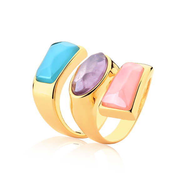 Anel Kalanchoe - Quartzo Rosa/Ametista/Ágata Azul Céu Semijoias de luxo e design exclusivo