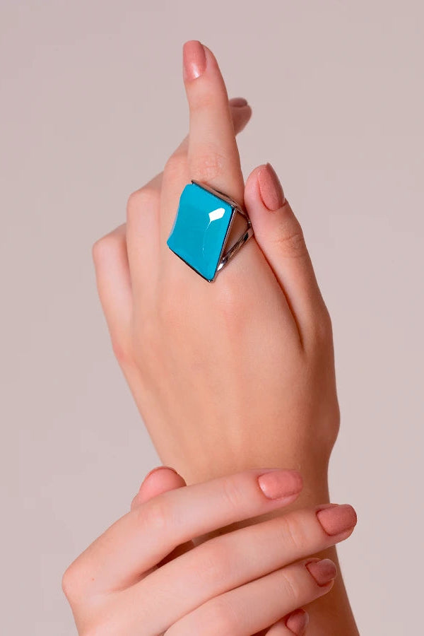 Anel Lírio - Ágata Azul Céu detalhe — Ródio Negro | Aimer Joias | anel semijoia pedra natural