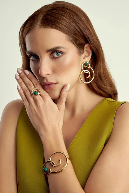 Bracelete Trajetos com Malaquita em Banho de Ouro 18K
