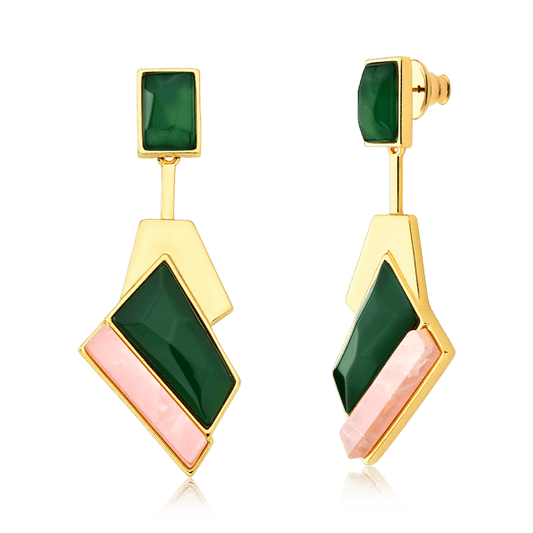 Brinco Chuva - Ágata Verde e Quartzo Rosa — Ouro 18K | Aimer Joias | maxi brinco semijoia feminina