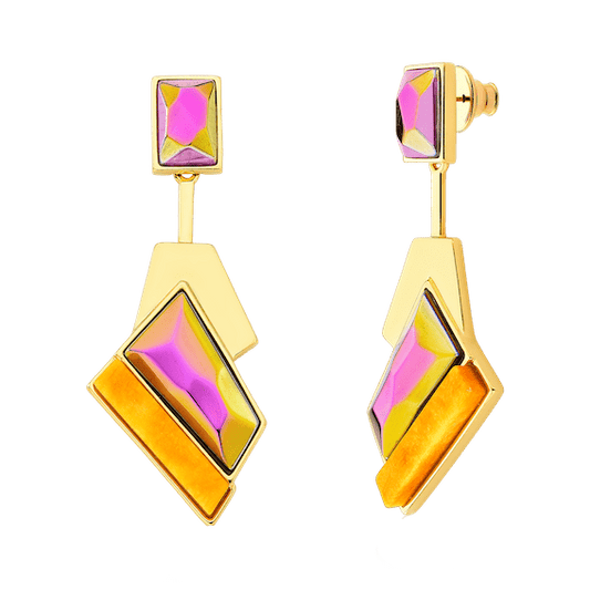 Brinco Chuva - Cristal Multicolorido e Feldspato Amarelo — Ouro 18K | Aimer Joias | maxi brinco semijoia feminina