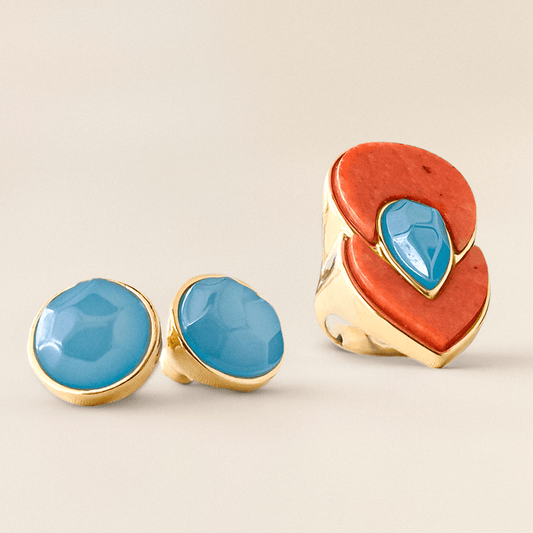 Brinco Classic - Ágata Azul Céu detalhe — Ouro 18K | Aimer Joias | brinco semijoia pedra natural
