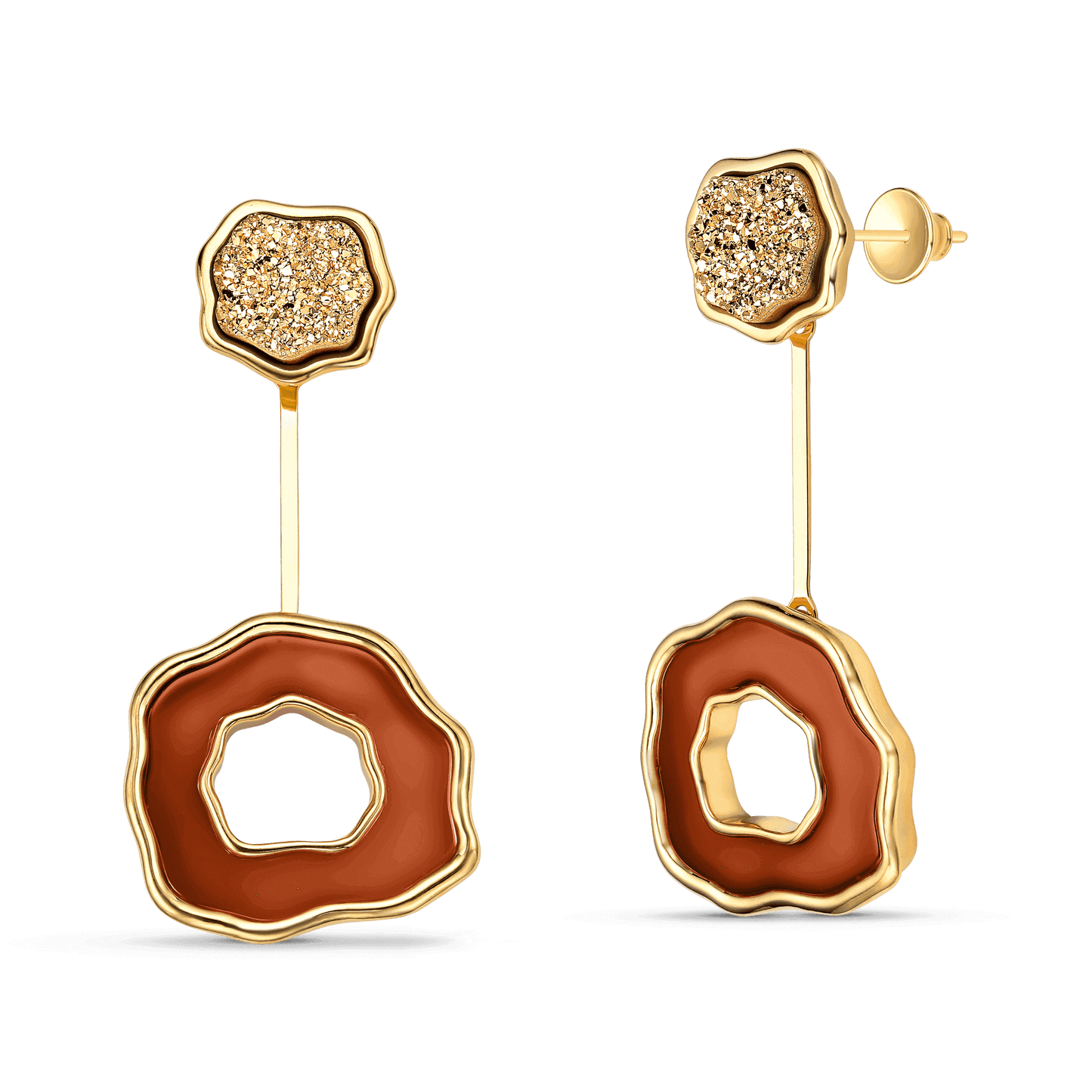 Brinco Cora com Ágata Vermelha e Drusa Ouro em banho ouro 18k | Aimer Joias
