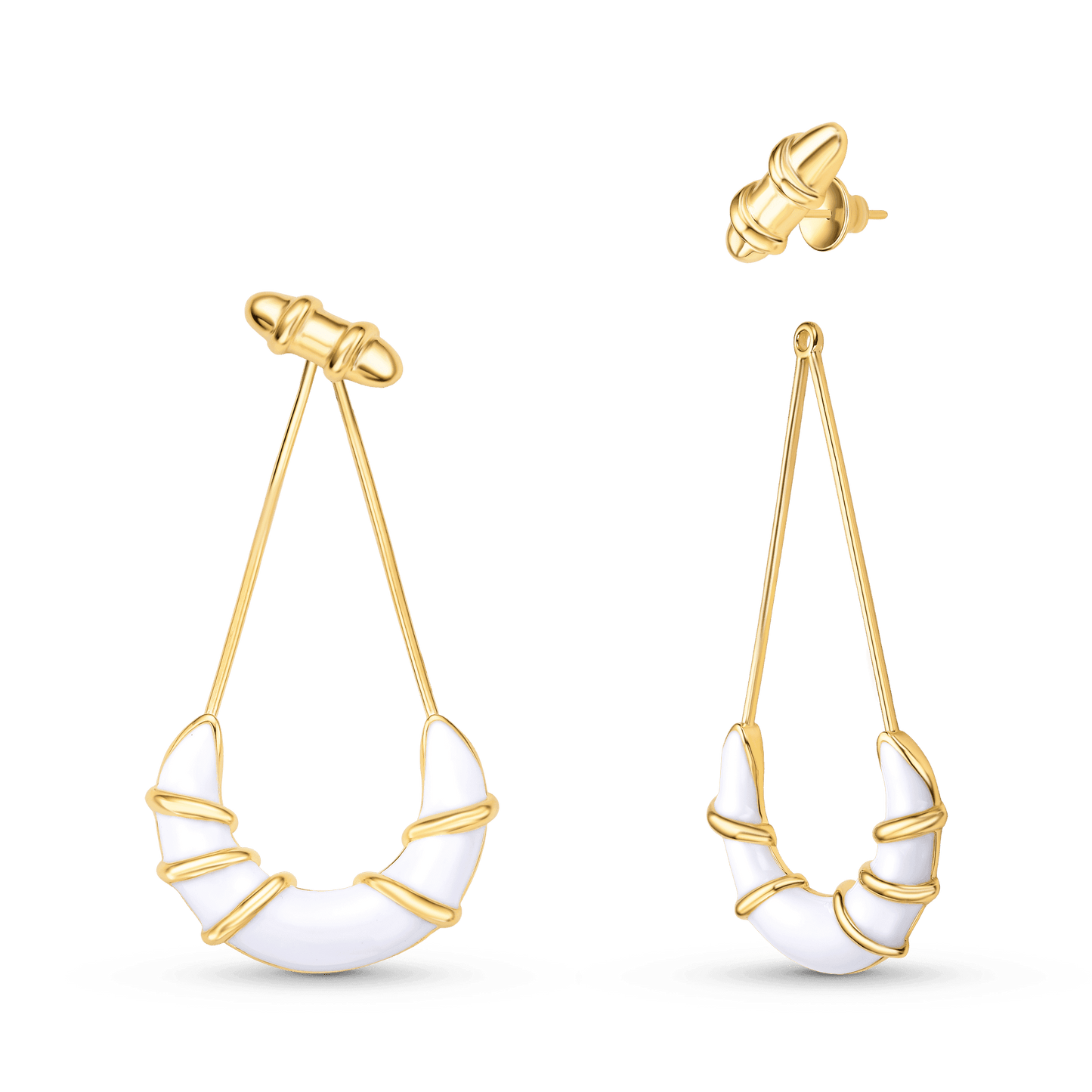 O Brinco Entrelaço com Esmaltação Branca é uma peça alongada e sofisticada da Coleção Macramê. O design fluido e dinâmico, característico da linha, apresenta um fio de metal banhado a Ouro 18K que se projeta sobre a superfície esmaltada, criando um contraste elegante com o dourado. Com 7 cm de altura, este brinco *statement* é ideal para alongar e dar destaque ao look com refinamento.