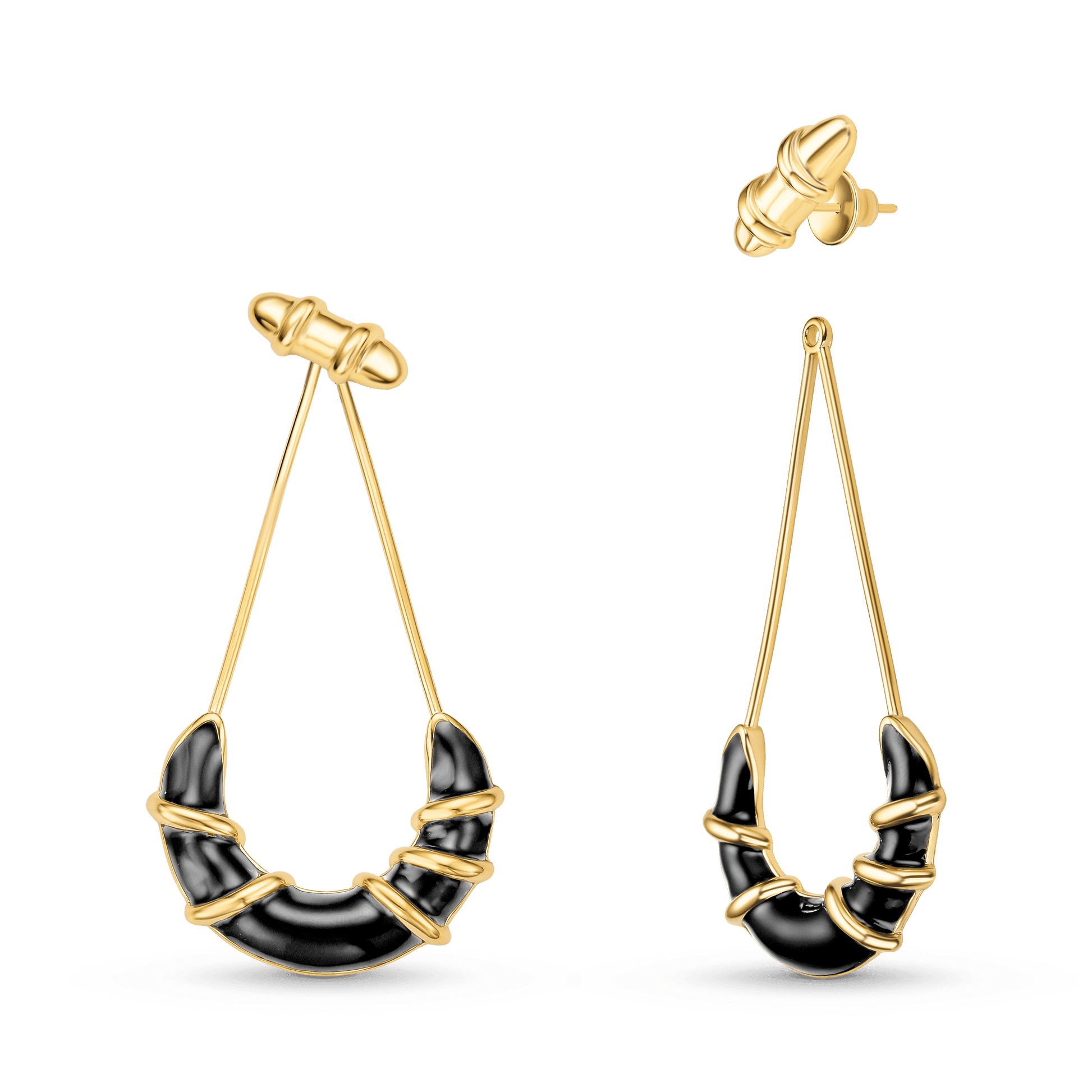O Brinco Entrelaço com Esmaltação Preta é uma peça alongada e sofisticada da Coleção Macramê. O design fluido e dinâmico apresenta um fio de metal banhado a Ouro 18K que se projeta sobre a superfície esmaltada preta. Com 7 cm de altura, este brinco *statement* é ideal para alongar e dar destaque ao look com um toque de mistério e refinamento.