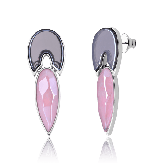 Brinco Flor de Lótus - Fume/Quartzo Rosa — Ródio Negro | Aimer Joias | semijoia feminina pedra natural