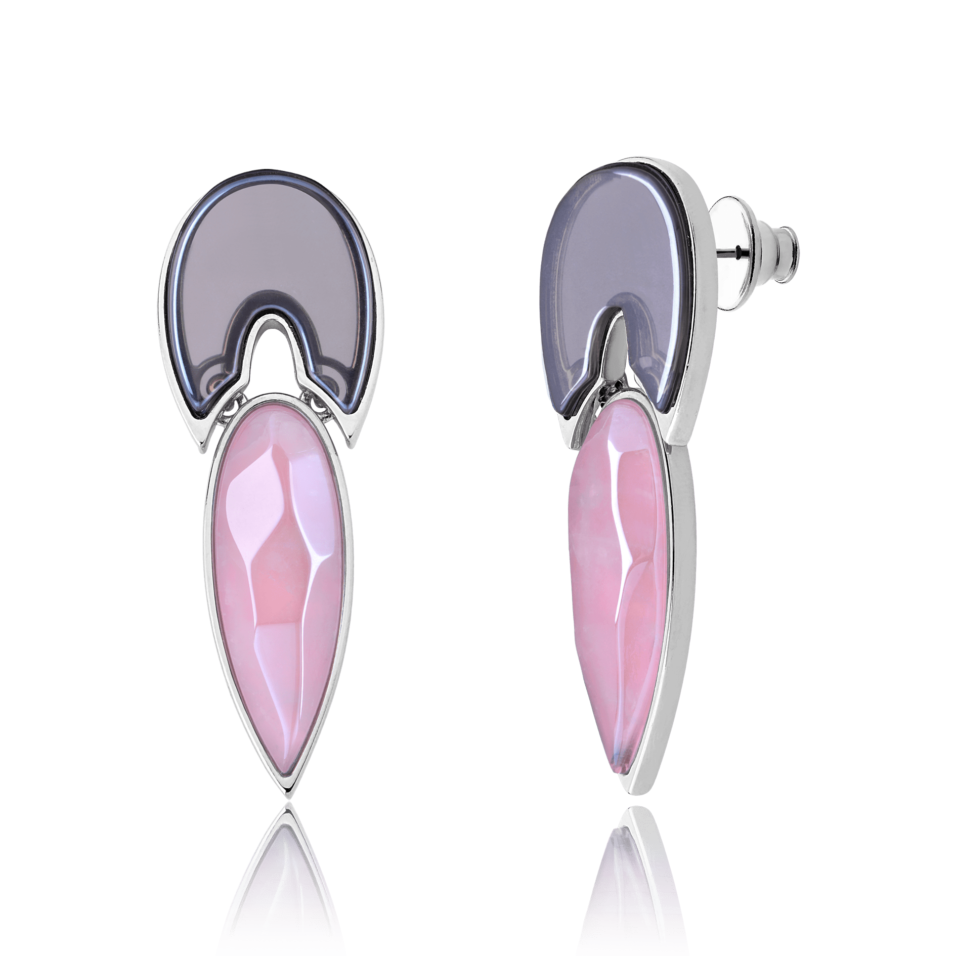 Brinco Flor de Lótus - Fume/Quartzo Rosa — Ródio Negro | Aimer Joias | semijoia feminina pedra natural
