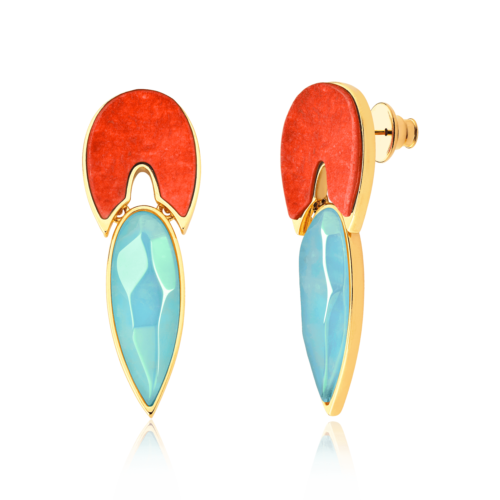 Conjunto Flor de Lótus - Feldspato Laranja + Ágata Azul Céu — Ouro 18K | Aimer Joias | semijoia feminina pedra natural