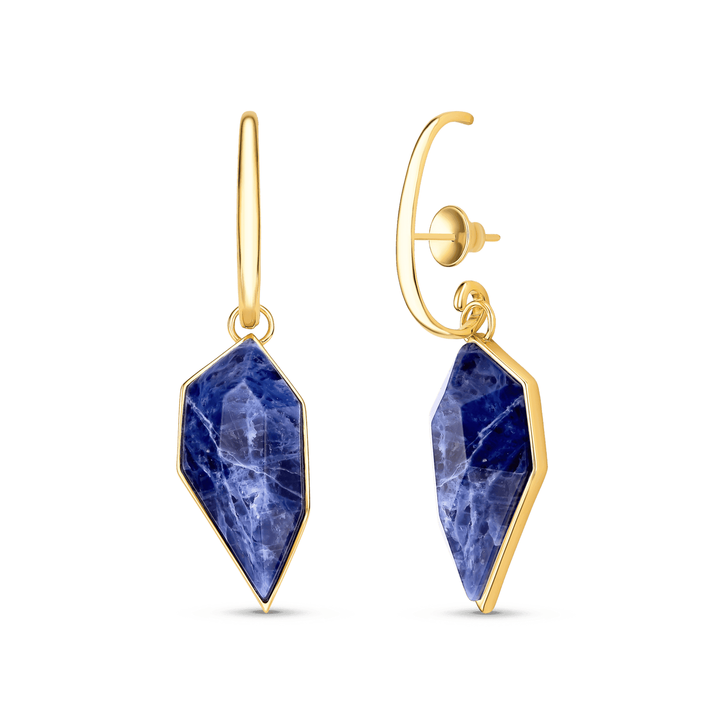 Brinco Impulso - Brincos pendentes com pedras naturais de Sodalita Azul em forma geométrica, banhados em ouro 18k.