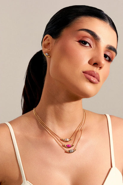 Colares Sentir - Feldspato Rosa Pink  Banho de Ouro 18K